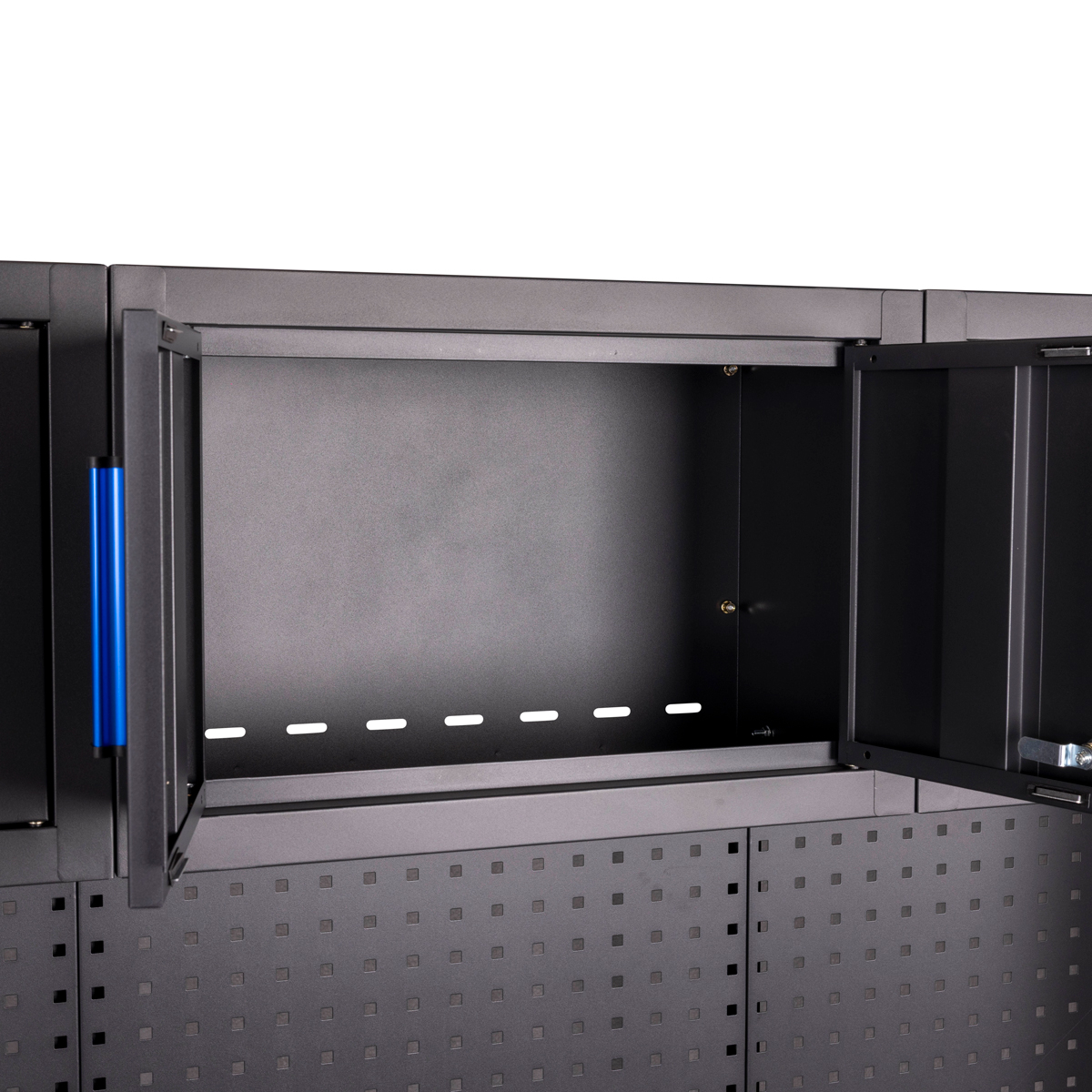 SGS 9pc Garage Storage System with Pegboard | Stainless Steel Worktop | 3x Floor Cabinets | 3x Upper Cabinets | 2x Tall Double Side Cabinets